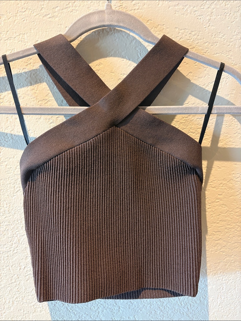 Babaton | Brown Ribbed Crossover Crop Top